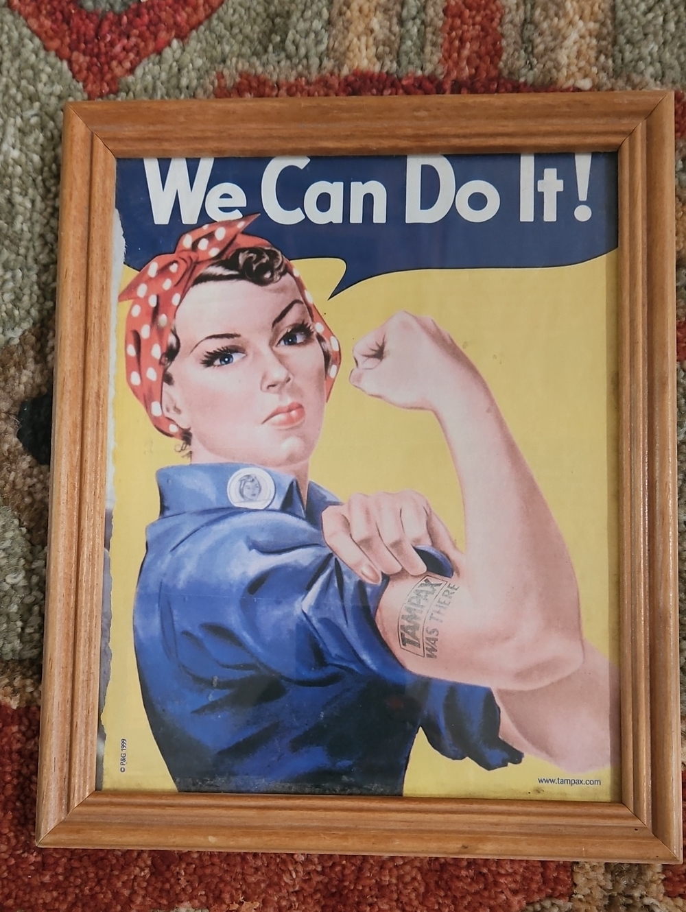 We Can Do It! Vintage 1999 Framed Art Print in Blue and Yellow Vintage TAMPAX Ad